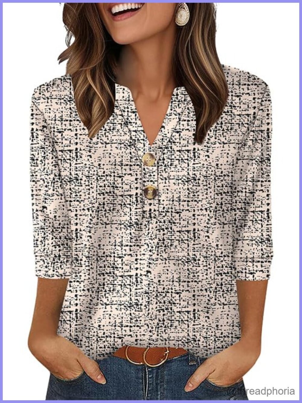 Womens 3/4 Sleeve V-Neck Henley Blouse Loose Fit Button Down Top